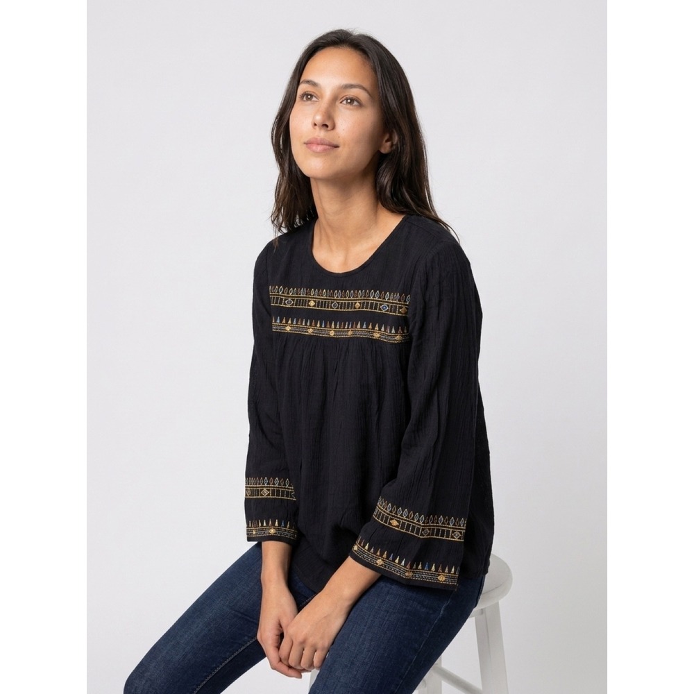 J. Jill Black Embroidered Gauze Peasant Blouse Sz S Boho Festival Bell Sleeve